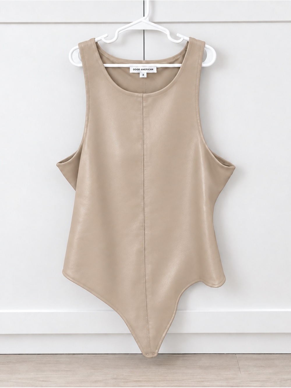 Good American Neutral Beige Asymmetric Suede-Look Bodysuit